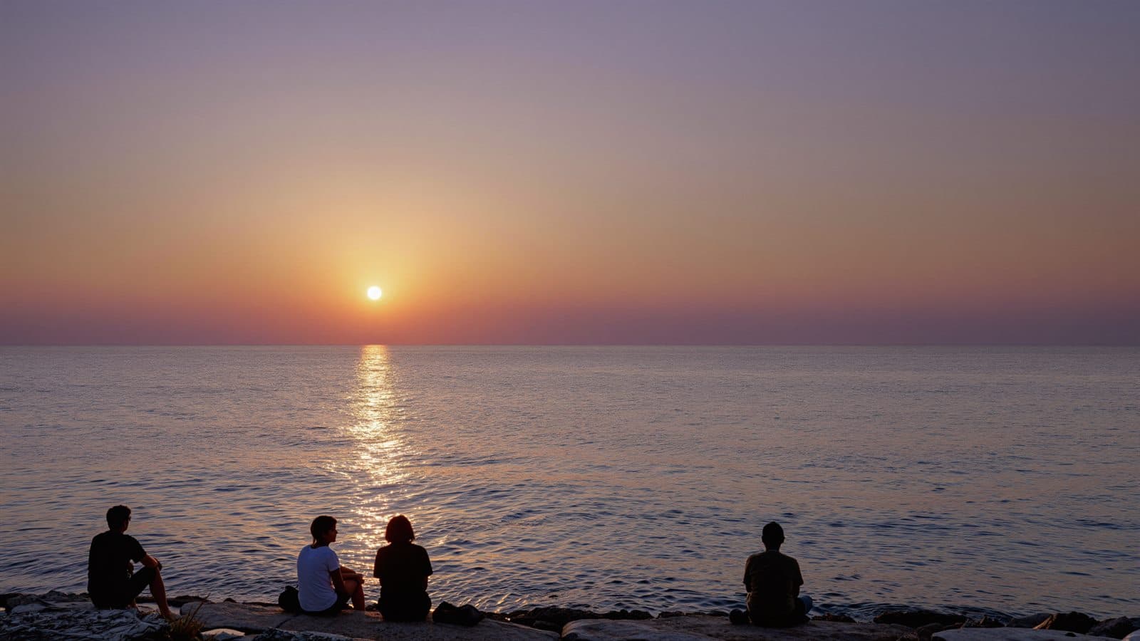 Siluetas de varias personas sentadas en las rocas viendo la puesta de sol sobre el mar en Sant Antoni