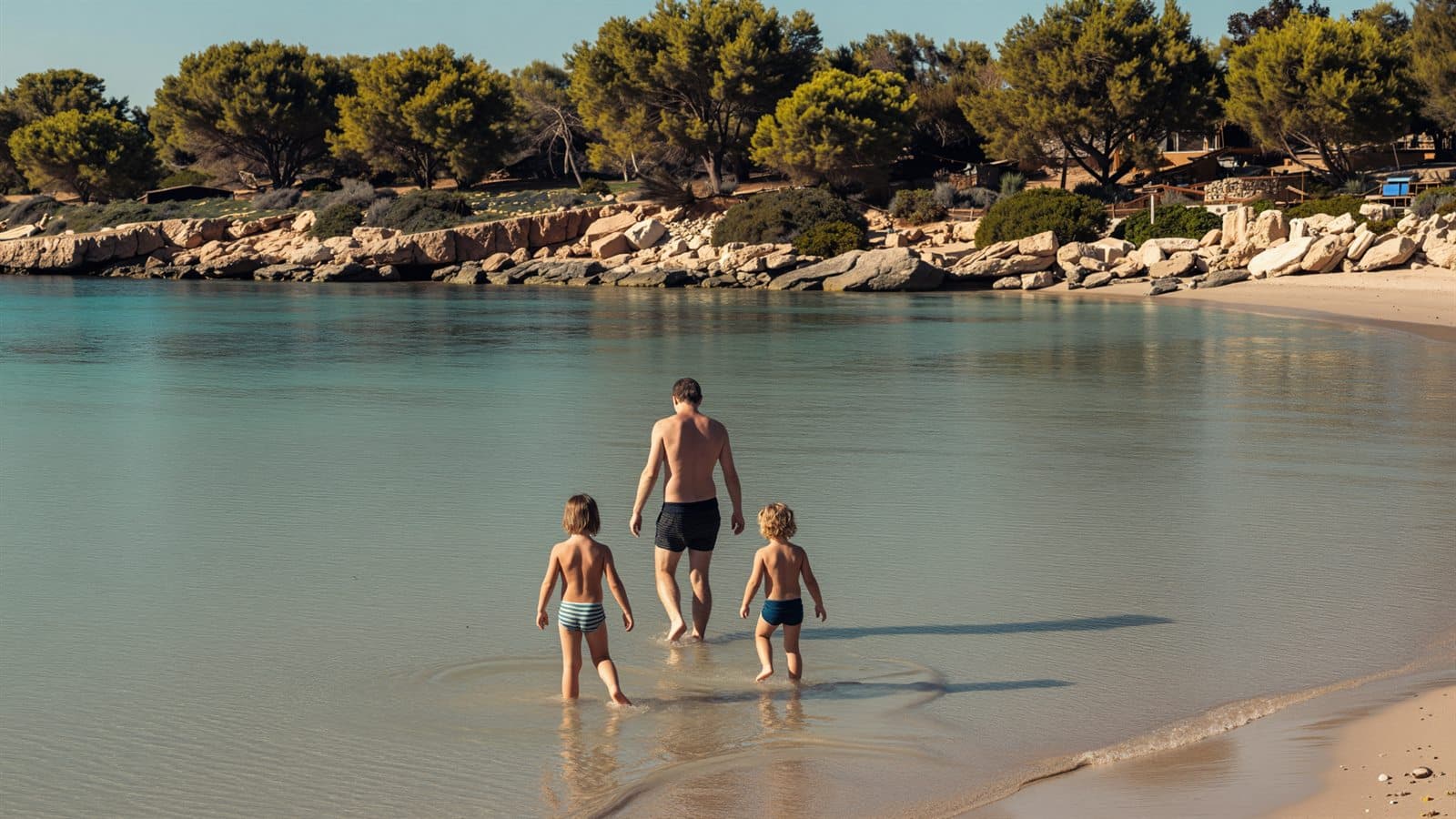 Una familia caminando por el agua poco profunda de una cala tranquila de Ibiza