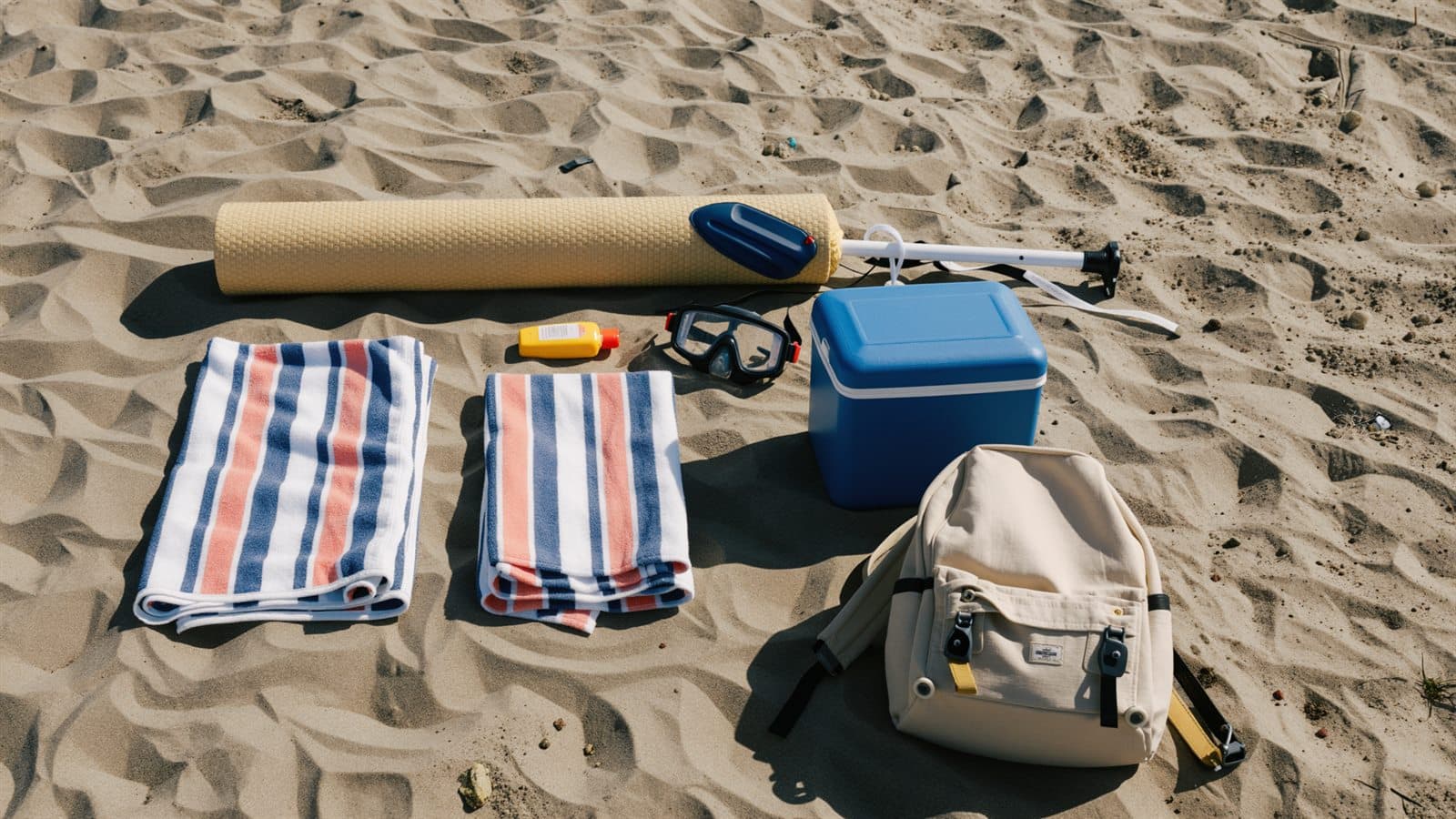 Equipo de playa preparado sobre la arena: esterilla, sombrilla, toallas, protector solar, snorkel, nevera y mochila